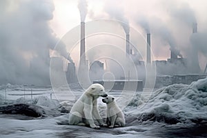 A polar bear and its cub against the background of smoking factory chimneys. The concept of global warming and the negative impact