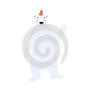 A polar bear in a knitted hat smiles and waves his hand in greeting. Adorable new year childrens