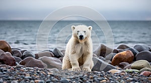 polar bear in the lake, white bear in the nature, polar bear in the polar regions, close-up of white bear