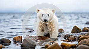 polar bear in the lake, white bear in the nature, polar bear in the polar regions, close-up of white bear