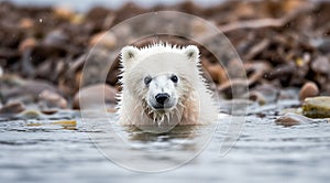 polar bear in the lake, white bear in the nature, polar bear in the polar regions, close-up of white bear