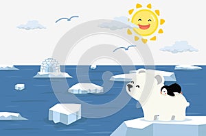 Polar bear with little penguin North pole Arctic global warming