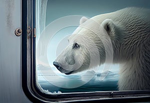 Polar bear looking through glass window