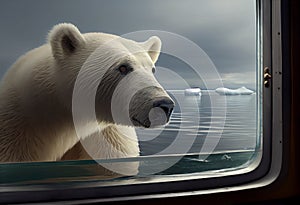 Polar bear looking through glass window