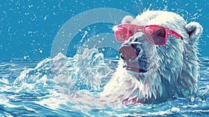 Polar Bear Lounging in Sunglasses While Swimming in Ocean. Seamless looping video animated virtual background. AI generated video
