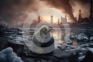 Polar bear with a man against the background of smoking chimneys of factories. The harm of civilization on nature. Generative AI