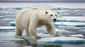 A polar bear managed to get on one of the last ice floes floating in the Arctic sea background