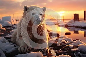 Polar bear on melting ice floe in arctic sea, digital ai