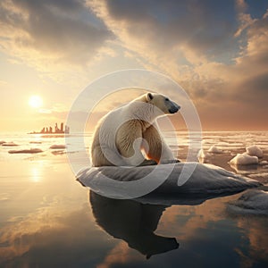 Polar bear on a melting ice floe. Climate change concept