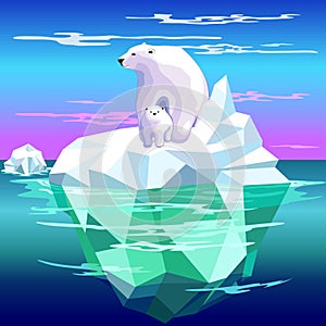 Polar Bear Mom and Baby on Iceberg Climate Change Vector Illustration