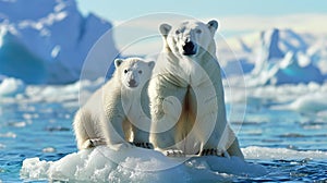 Polar bear mother and cub standing on melting ice floe, animals losing their habitat and global warming concept. generative ai