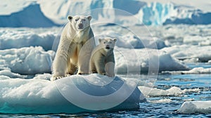 Polar bear mother and cub standing on melting ice floe, animals losing their habitat and global warming concept. generative ai