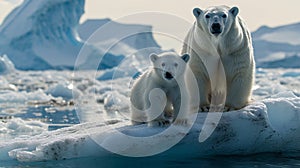 Polar bear mother and cub standing on melting ice floe, animals losing their habitat and global warming concept. generative ai