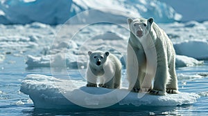 Polar bear mother and cub standing on melting ice floe, animals losing their habitat and global warming concept. generative ai