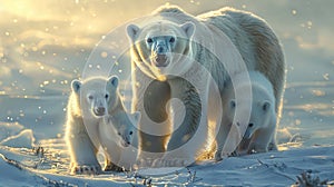 Polar bear mother and cubs in arctic tundra with detailed fur in realistic icy landscape