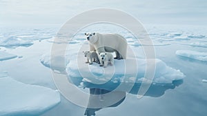 Polar bear mother with cubs on ice