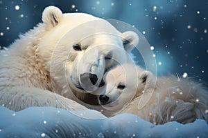 Polar bear mother hugging the cub, while lying on the snow on a snowy day