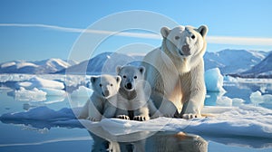 Polar bear, mother and two cubs, on ice