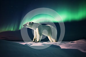 Polar bear with Northern Lights, Aurora Borealis. Night image with stars, dark sky. Generative AI.