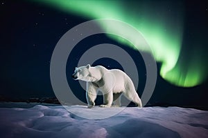 Polar bear with Northern Lights, Aurora Borealis. Night image with stars, dark sky. Generative AI.