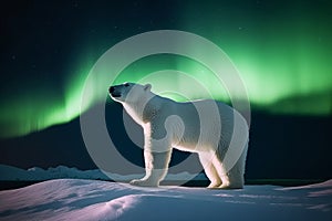 Polar bear with Northern Lights, Aurora Borealis. Night image with stars, dark sky. Generative AI.