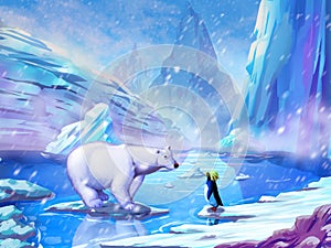 The Polar Bear and Penguin with Fantastic, Realistic and Futuristic Style