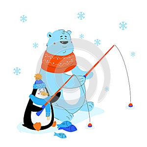Polar bear and penguin ice fishing - flat design style illustration