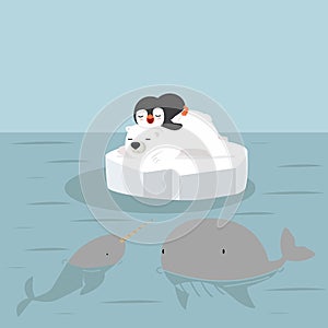 Polar bear, Penguin, narwhal and whale with Iceberg Winter