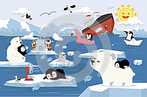 Polar bear with penguin North pole Arctic global warming