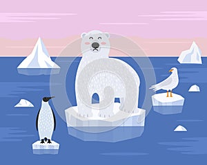 Polar bear, penguin and seagull stand on an ice floe. The concept of global warming and plastic pollution of the world`s oceans