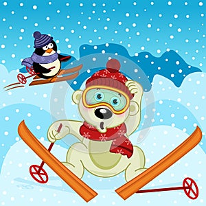 Polar bear and penguin skiing