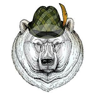 Polar bear portrait. Austrian bavarian tirol hat. Beer festival. Oktoberfest. Head of wild animal