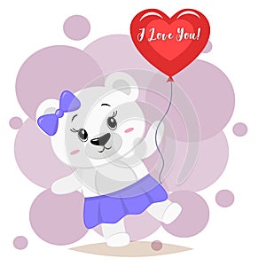 Polar bear with a purple bow holds a red ball in the paws, in the style of cartoons.