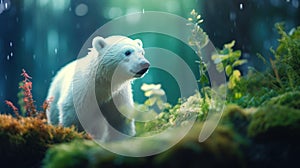 A polar bear in the rainforest, AI