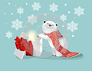 Polar bear with red scarf and gift with red bow on blue bacjground with snowflake