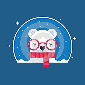 The polar bear in a red scarf. Snow and snowflakes. Cartoon vector illustration. Flat style