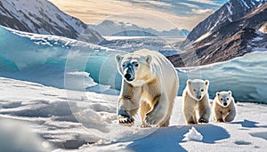 A polar bear runs on the snowy surface with its two cubs, Generated with AI