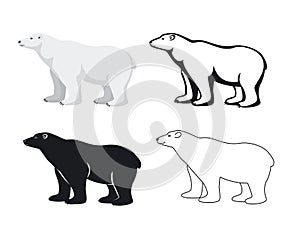 Polar bear set in color, silhouette, contour and line