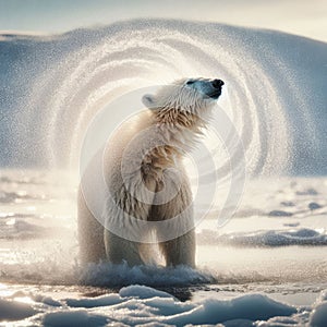 Polar bear shakes off the cold water after emerging from cold ocean