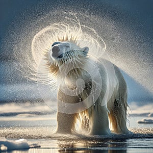 Polar bear shakes off the cold water after emerging from cold ocean