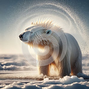 Polar bear shakes off the cold water after emerging from cold ocean