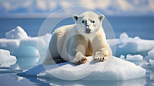 A polar bear on a shrinking ice floe, with the vast open ocean as the background context, during the Arctic summer ice melt