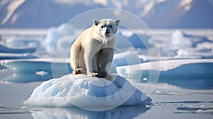 A polar bear on a shrinking ice floe, with the vast open ocean as the background context, during the Arctic summer ice melt