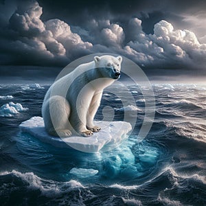 A polar bear sits on an iceberg in the ocean.