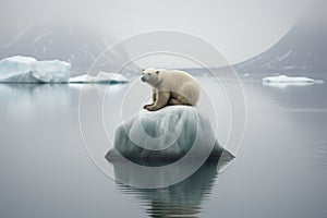 A polar bear sitting on an iceberg in the Arctic, showcasing the beauty and harshness of its natural habitat, Poignant image of a