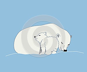 Polar bear sleeping with its cub, cartoon vector illustration.