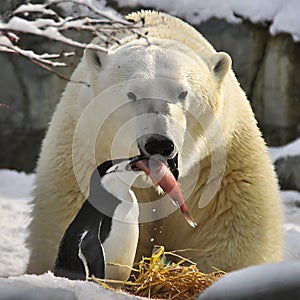 Polar bear snatches penguin fish