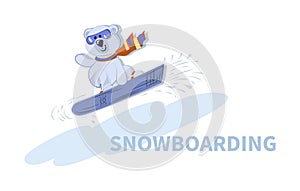 Polar bear snowboarder. Extreme winter sports. Funny sports character in motion. Hand drawn