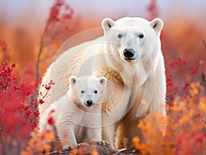 Ai Generated illustration Wildlife Concept of Polar bear sow and cub