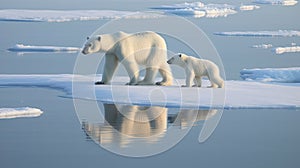 Polar bear sow and cub walk on ice floe in arctic ocean. generative ai